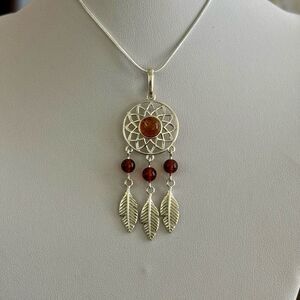 Baltic Amber Dream Catcher Sterling Silver Pendant Necklace Southwestern Boho